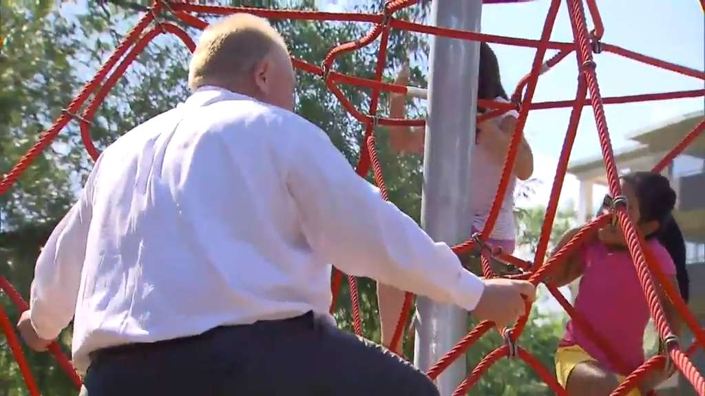Raw video: Mayor Ford climbs new playground equipment in Toronto